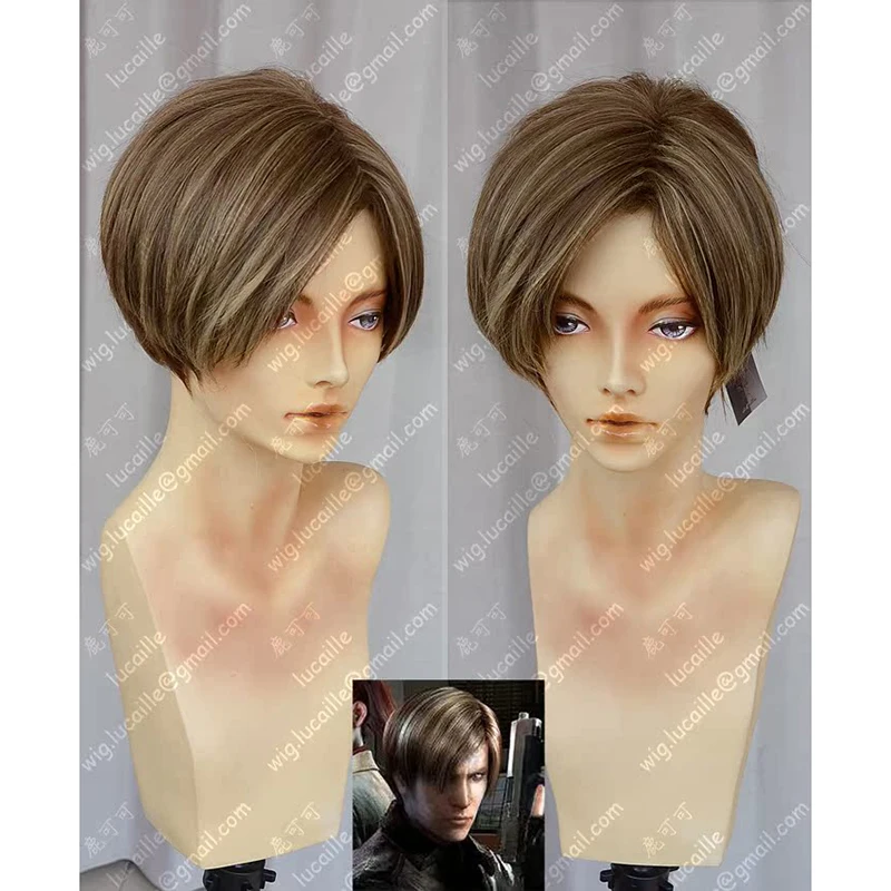 Movie Leon Scott Kennedy Cosplay Wig Short Mixed Brown Highlights Styled Heat Resistant Hair Anime Wigs + Wig Cap