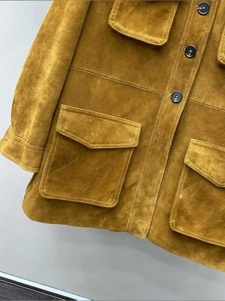 Alta qualidade camurça casaco de pele carneiro feminino único breasted médio longo primavera outono outerwear senhora harajuku jaqueta de couro genuíno