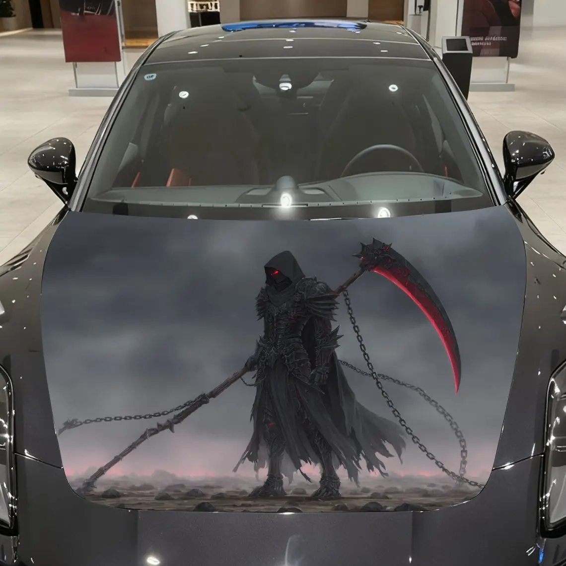 

Black Clothed Grim Reaper And Scarlet Sickle Car Hood Vinyl Wraps, PVC Waterproof Car Bonnet Decals, Self-Adhesive Scratch-Resis
