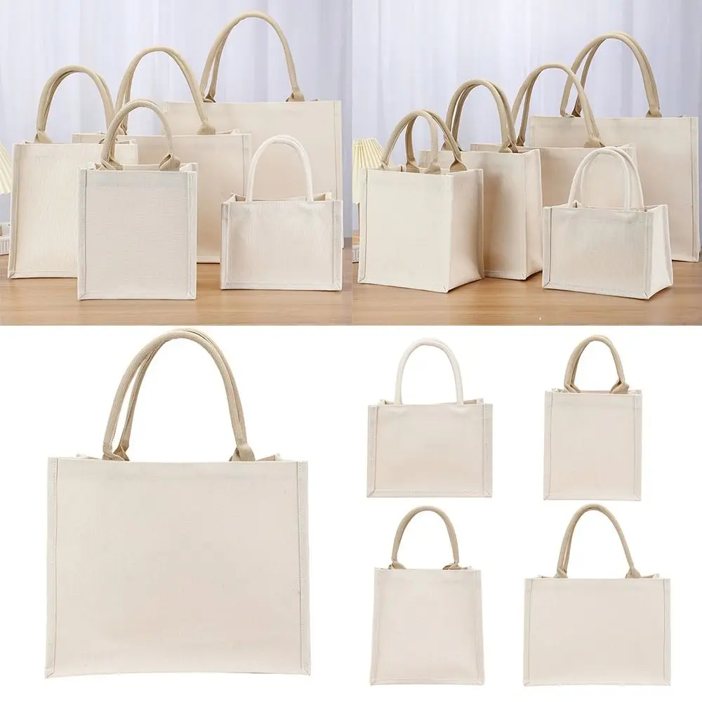 Beige Canvas Bag Reusable Large Capacity DIY Hand Drawn Blank Tote Sack Daily Commutting Foldable Shopping Bag