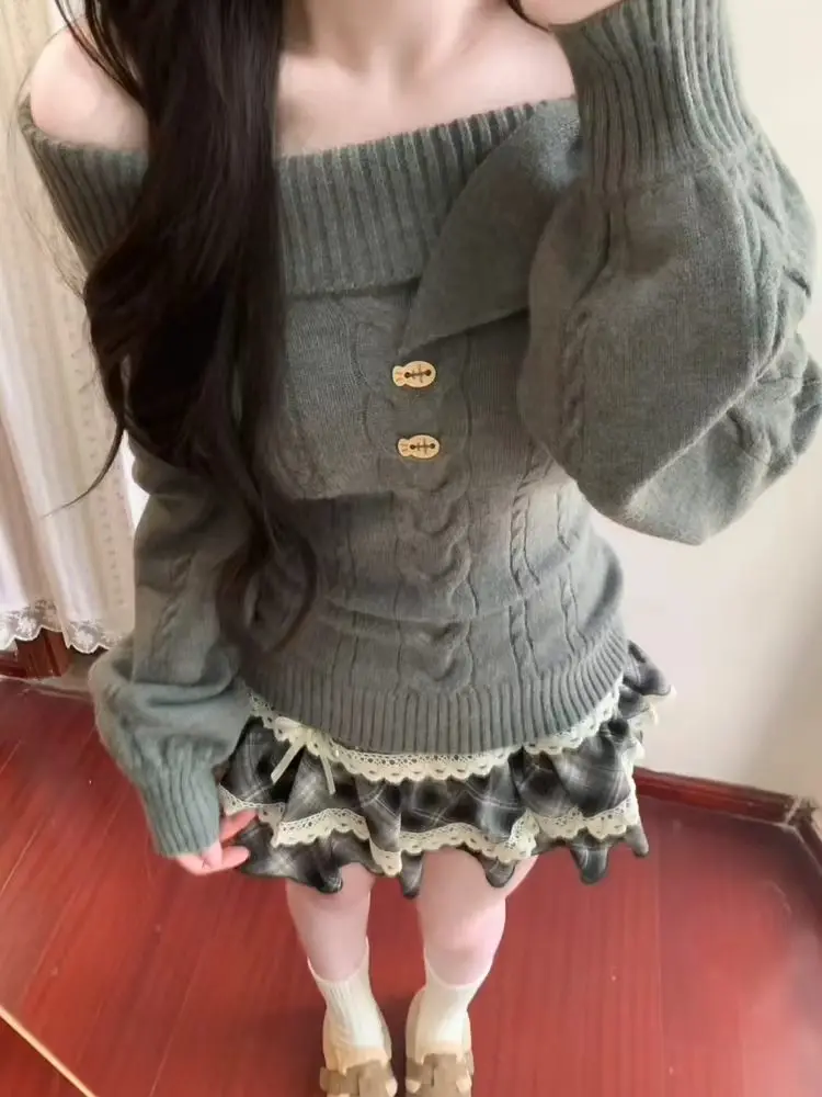 Japanese Kawaii 2 Piece Outfit Women Solid Knitted Slim Sweater Plaid Y2k Mini Skirt Harajuku Chic Fashion Girls Matching Set