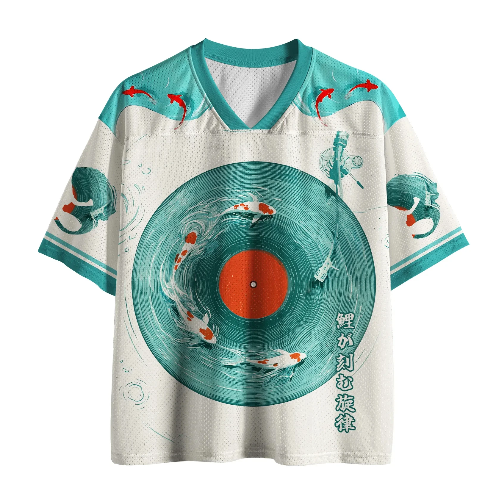 2026 Japanese Koi Fish Wave Circle Graphic V Neck Mesh Short Sleeve Shirt Unisex Oversized Casual Streetwear Hip Hop Top