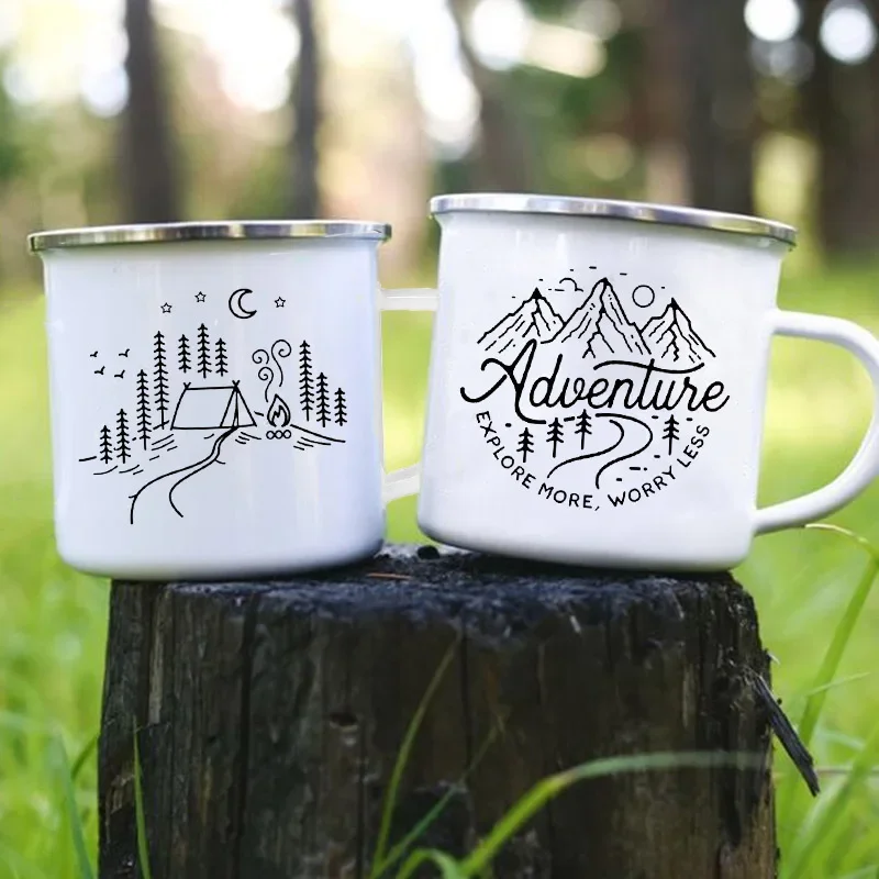 Mountain Camping Adventure Print Enamel Creative Coffee Water Milk Cups Camping Mugs Handle Drinkware Vacation Hiking Mug Gifts