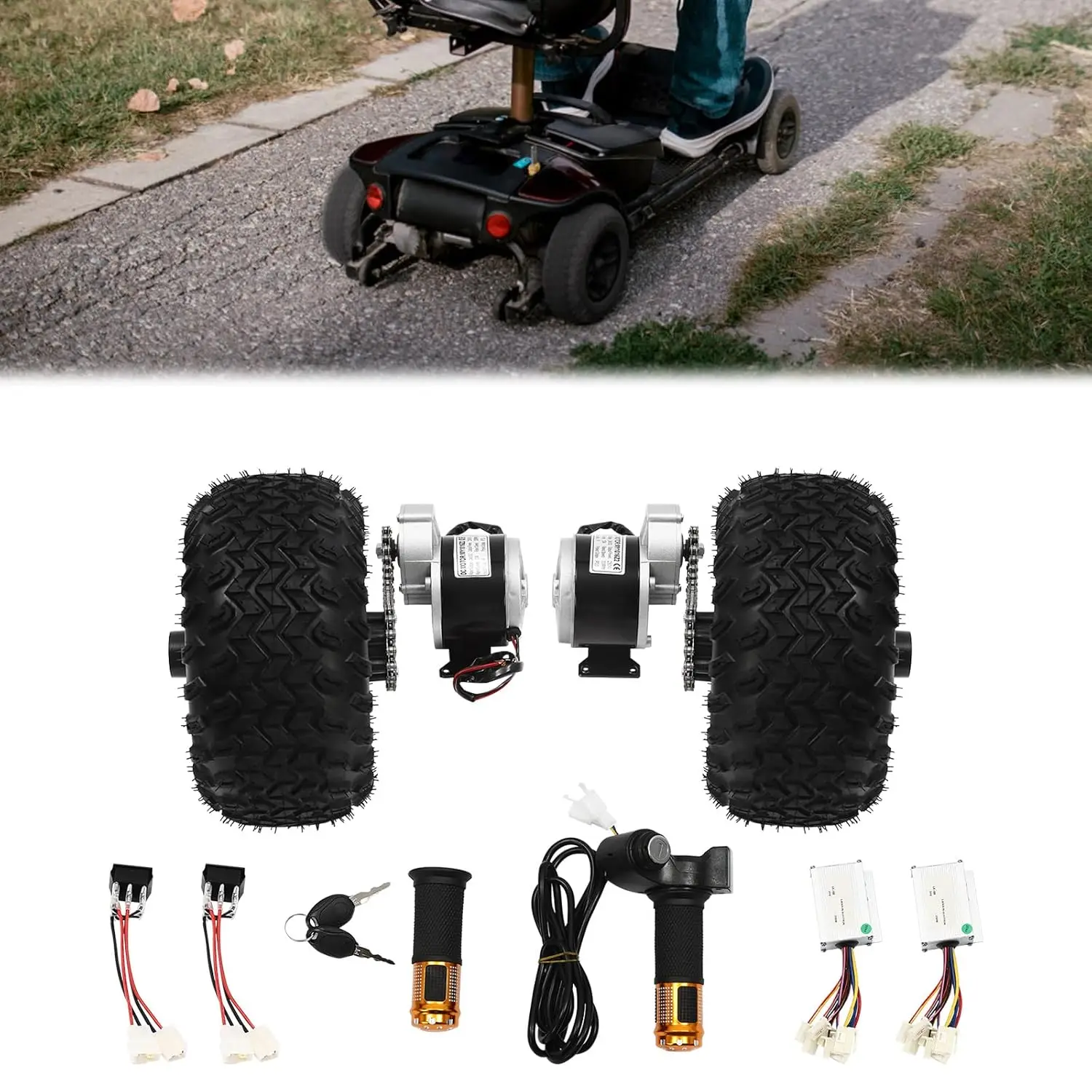Image of 250W Bürstengetriebemotor 24V, 10-Zoll-Rad für Elektrorollstuhl Go-Kart, Mobilitätsroller-Antriebsmotor mit 9:7:1 Getriebe, 330 U/min