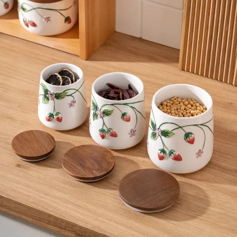 Hand-painted Strawberry Ceramic Kitchen Supplies Set Household Sealing Can Oil Pot Tableware Tissue Holder Storage