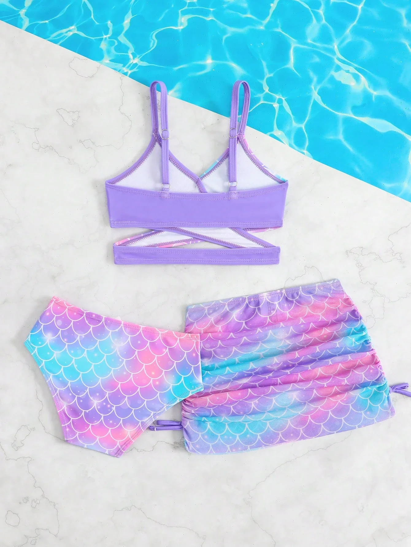 

Комплект бикини из 3 предметов с принтом в виде чешуи русалки и сетчатой юбкой