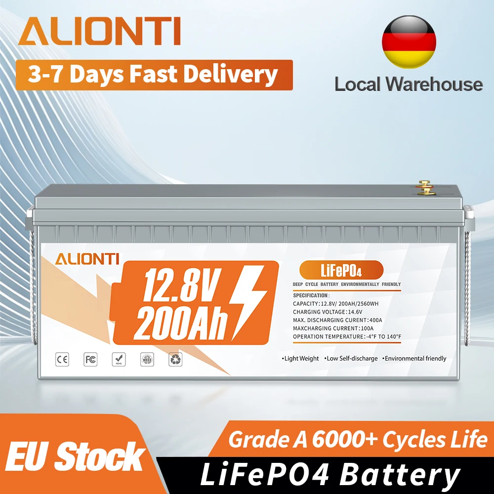 

ALIONTI 12V 200Ah Rechargeable LiFePO4 Battery 6000+ Cycles Lithium Iron Phosphate Battery Built-in 200A BMS for Solar RV Marine