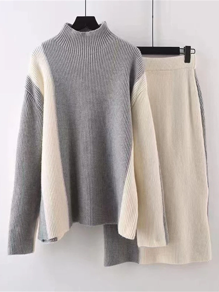 LANMREM New Irregular Knitted Two Piece Set For Women Turtleneck Long Sleeves Pullover With Color Block Skirt Trendy 2DB1229