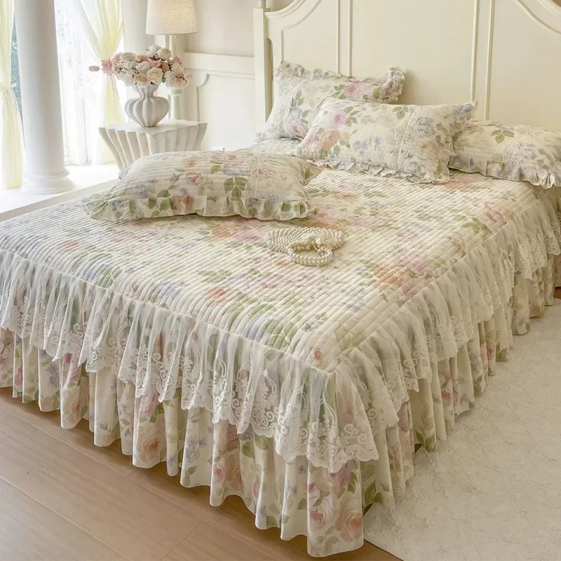 Princess Style Floral Pure Cotton Lace Clip Cotton Bed Skirt Four Season Universal Three Piece Set Beds Covers with Skirt Edge