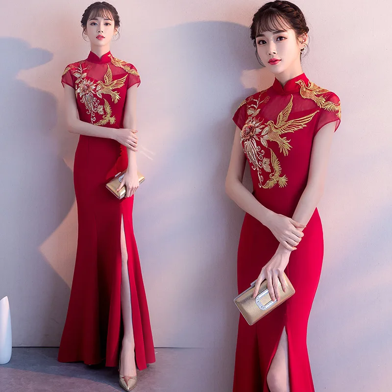 

Cheerleading Costume Cheongsam Summer Long Chinese Style Bride Wedding Red Mermaid Evening Dress Women's Formal Dress