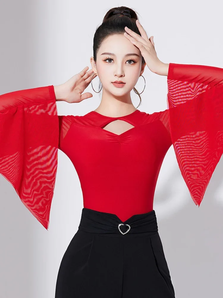 Solid Color Latin Dance Practice Line Hollow Out Tops Women Waltz Costume Classical Ruffle Competition T-shirt Adult Modern Jazz