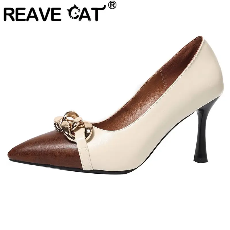 

REAVE CAT Beige Sexy Female Pumps Pointed Toe 8cm Thin High Heels Slip On Mixed Color Plus Size 43 44 45 Soft Dating Party Shoes