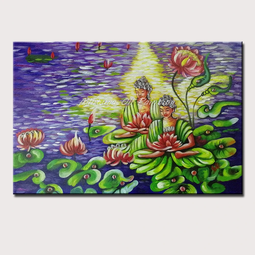 Mintura Art Hand-Painted Acrylic Canvas,Lotus and Avalokitesvara Oil Paintings Art Pictures Room Decor Hotel Decor Art No Framed