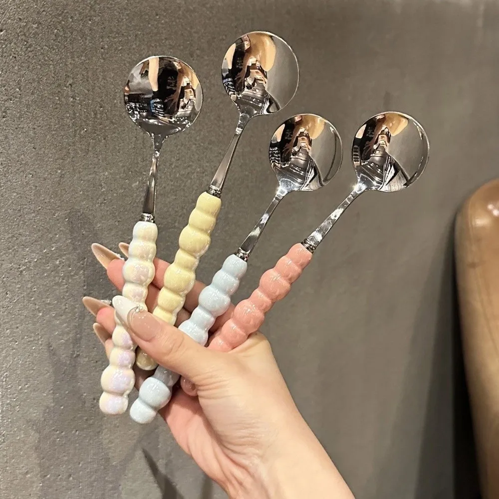 Stainless Steel Pearl Handle Spoon Imitation Ceramic Long Handled Stirring Spoons Five-color Dessert Spoon Kitchen Accessories