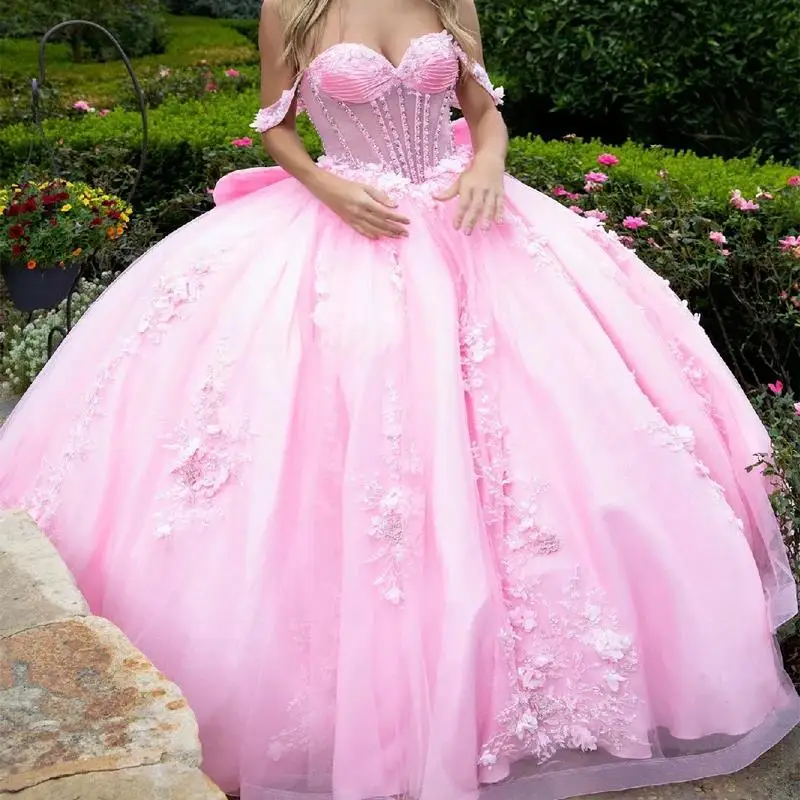 Maßgeschneiderte rosa glänzende Quinceanera-Kleider, Ballkleid, schulterfrei, Applikationen, Blumenperlen, Tüll, süßes 16-Kleid, Vestidos für 15 Jahre