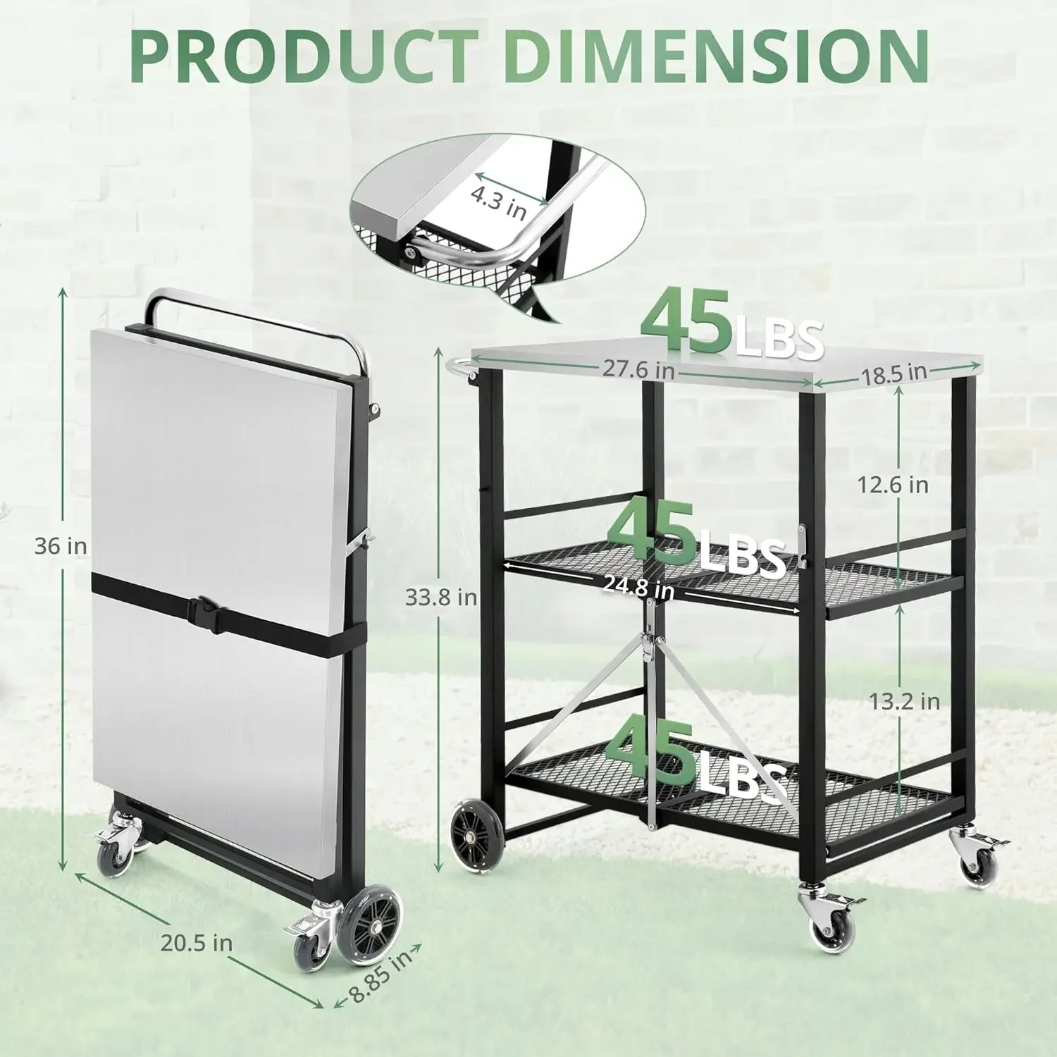 Foldable Outdoor Grill Cart with 2 Total Lock Casters, Stainless Steel Pizza Oven Stand, Rolling BBQ Table and 3 Shelf Folding K