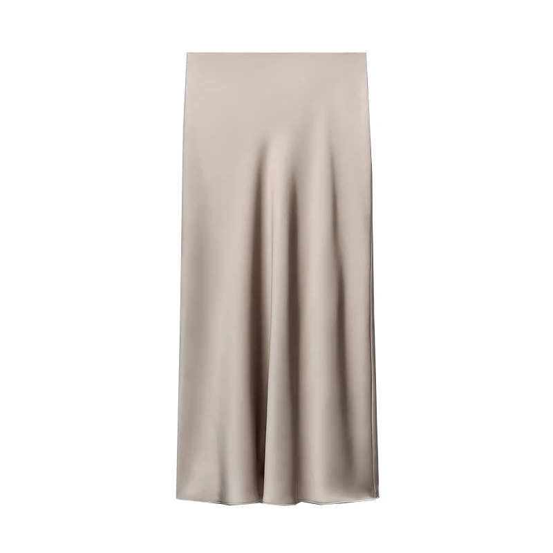 

Spring New High Waist Straight Silk Satin Midi Skirt Slimming Elastic Waist Design Commute Sle Long A-Line Skirt