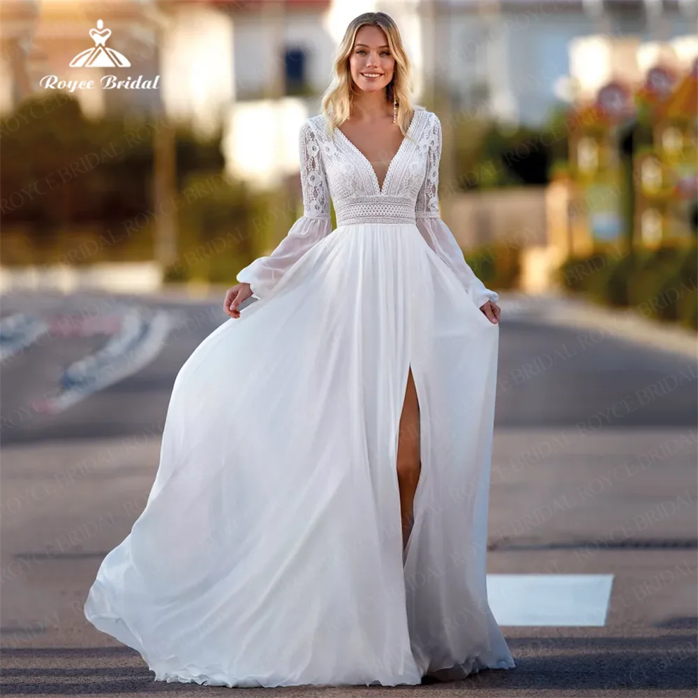 Simple A Line Wedding Dress Chiffon Lace With Sexy Split Full Sleeves With Open With Open Back Bridal Gowns свадебные платья