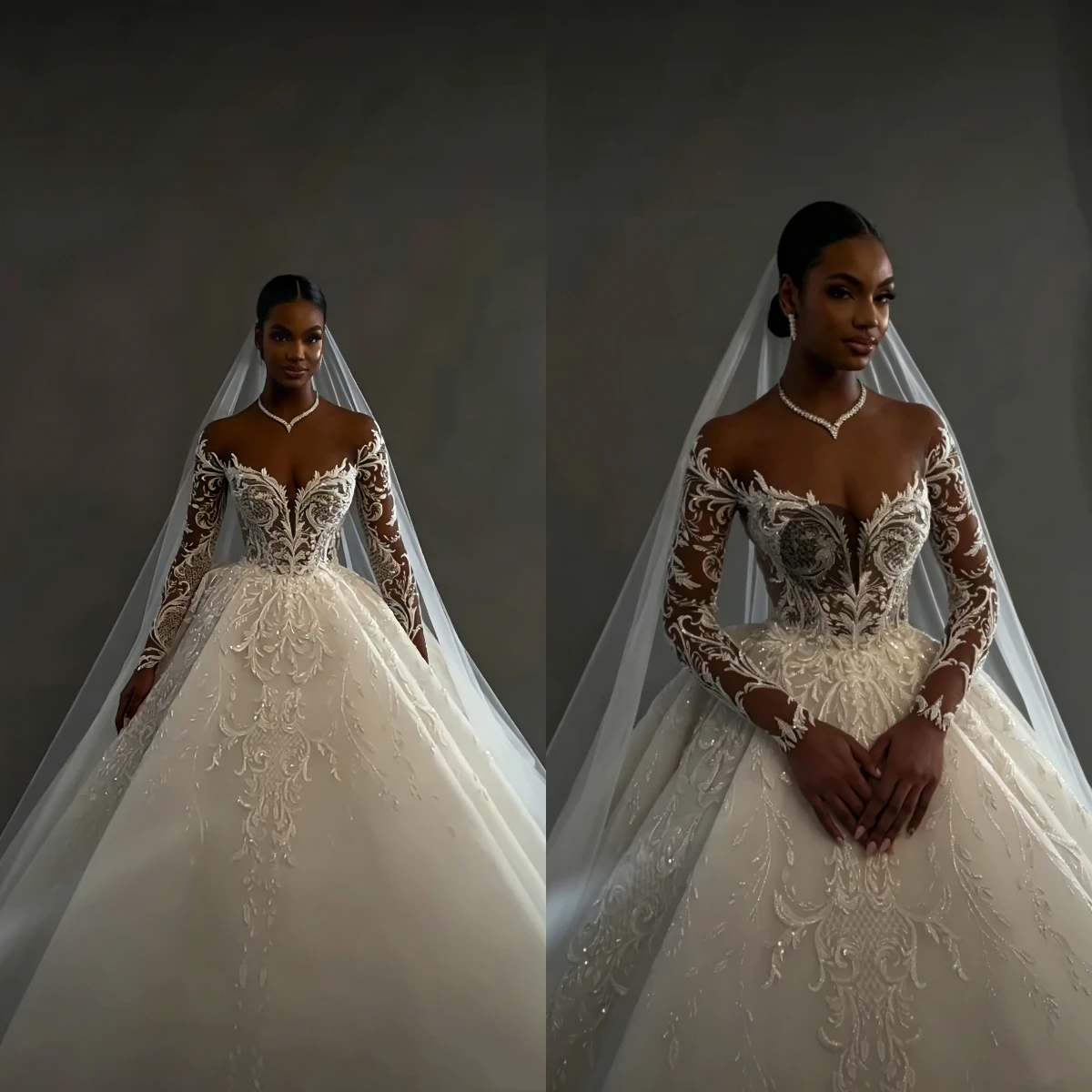 

Sexy A-line Lace Floral Decoration African Women's Wedding Dress V-neck Long Sleeved Bridal Gown Vestido De Noiva Customized