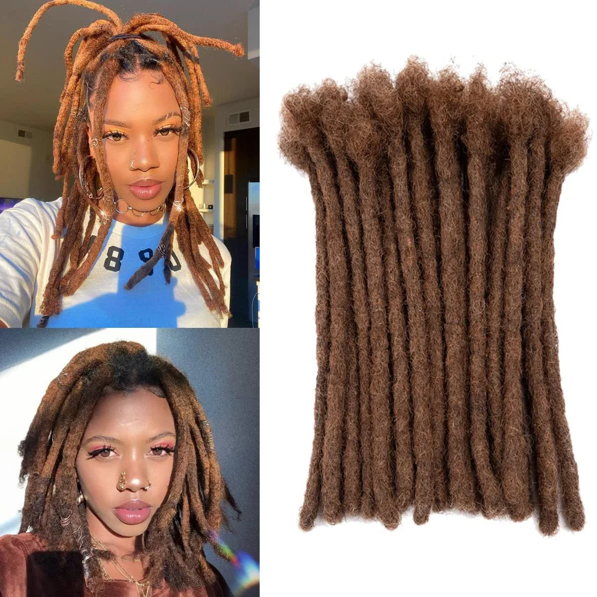 Extensiones de rastas, cabello humano trenzado, extensiones de cabello Dread Locs, trenzas de ganchillo marrones, rizado Afro mongol, 60 hebras