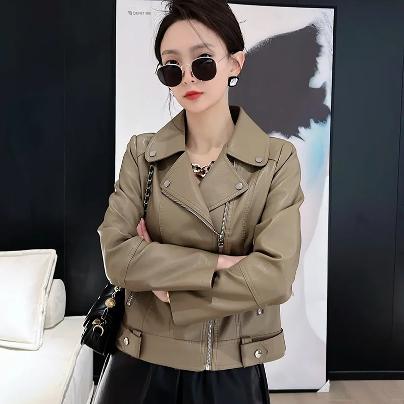 Chic Leather Jacket Women\'s Outwear Spring Autumn 2024 New Elegant Zipper Loose Comfortable PU Leather Motor Vehicle Clothing