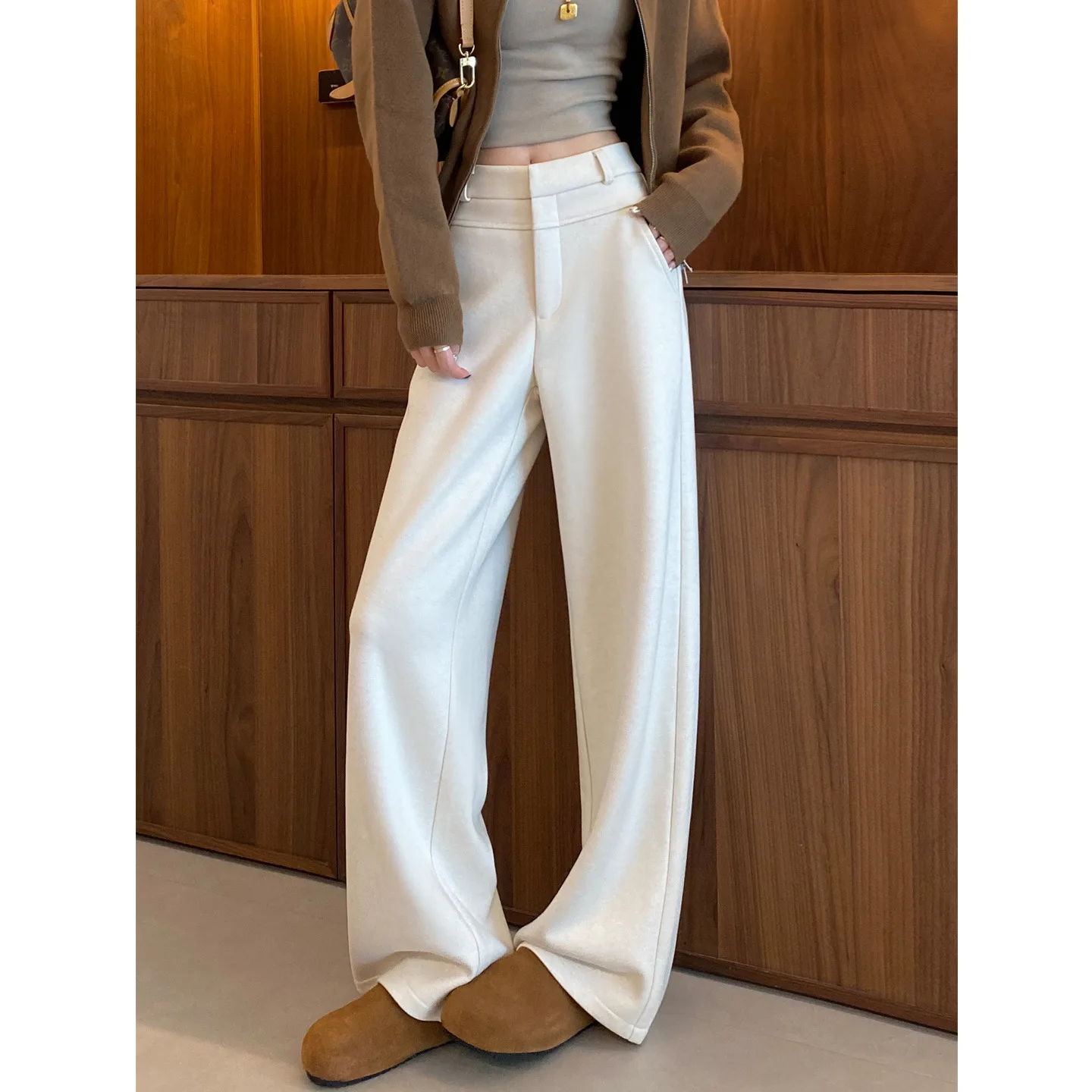 

White Acetate Wool Wide-Leg For Women, Autumn And Winter High-Waisted Slimming Rice Pants, Draped Narrow Straight-Leg Suit Pants