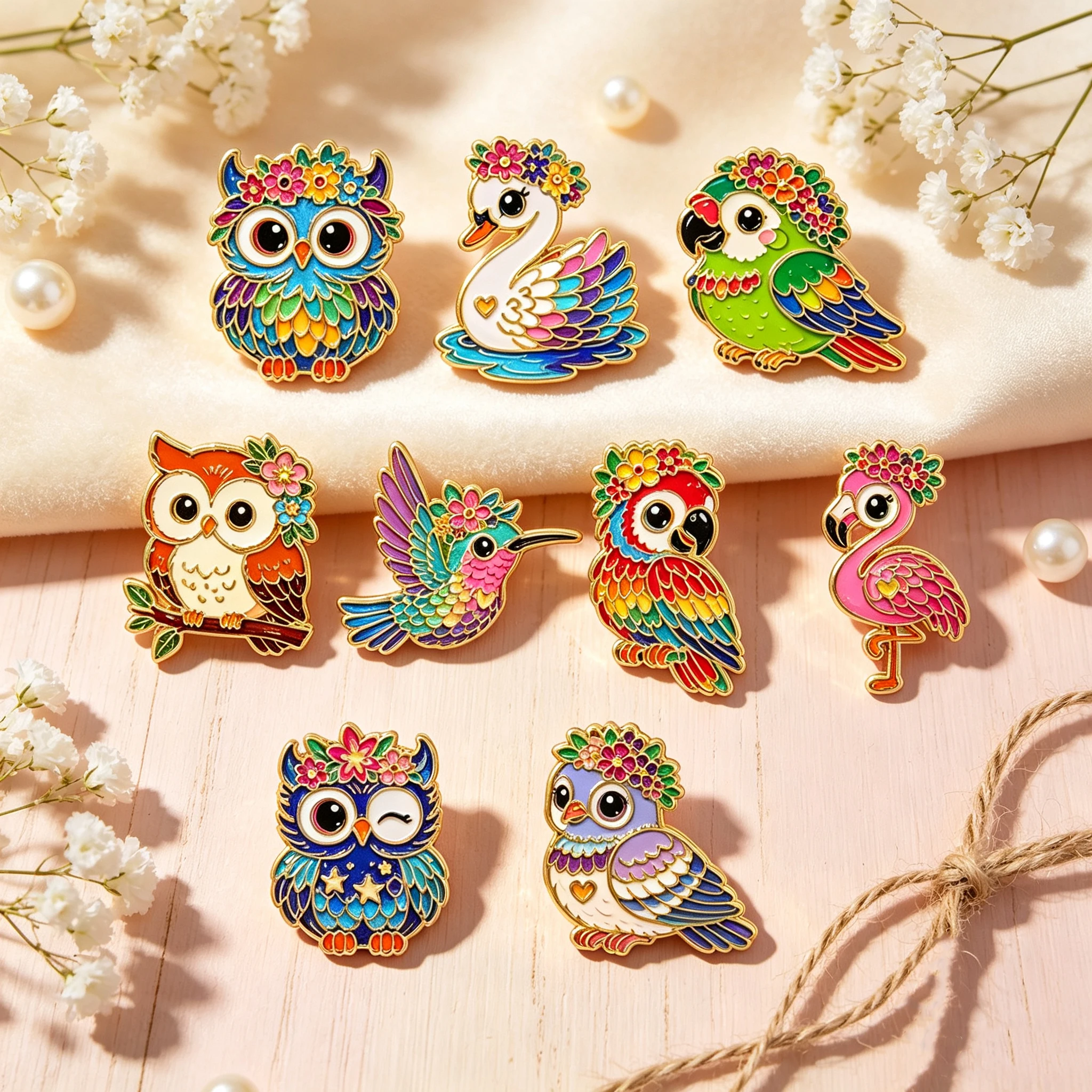 9pcs/Set Colorful Flower Bird Owl Enamel Pin Cute Parrot Flamingo Metal Lapel Badge Jewelry Clothes Backpack Accessories Gifts