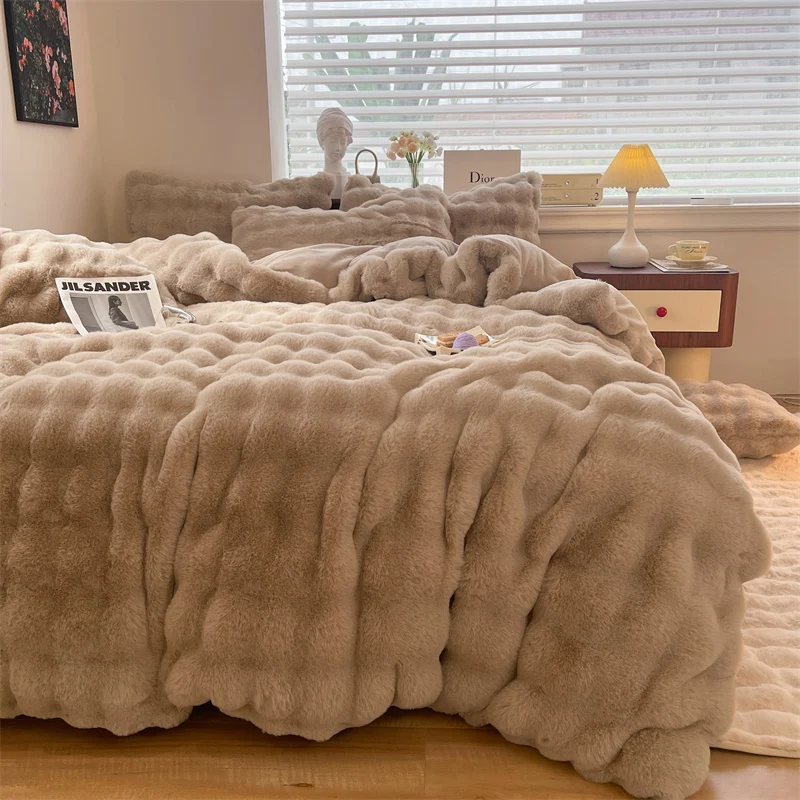 Imagem -02 - Luxo Faux Fur Cobertor de Linho Fuzzy Bedding Grupo Plush Double Sheets Capa de Edredão para Consolador Quarto Inverno