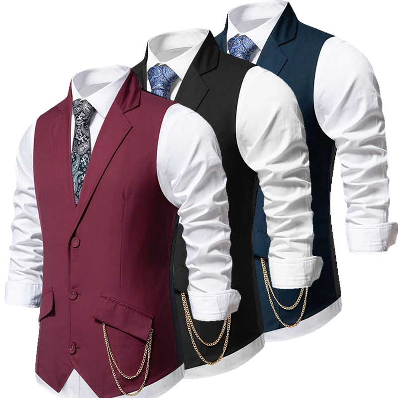 Men\'s Classic Solid Color Slim Vest Business Casual Suit Vest Flip Lapel with Chain Accessories Wedding Banquet Vests