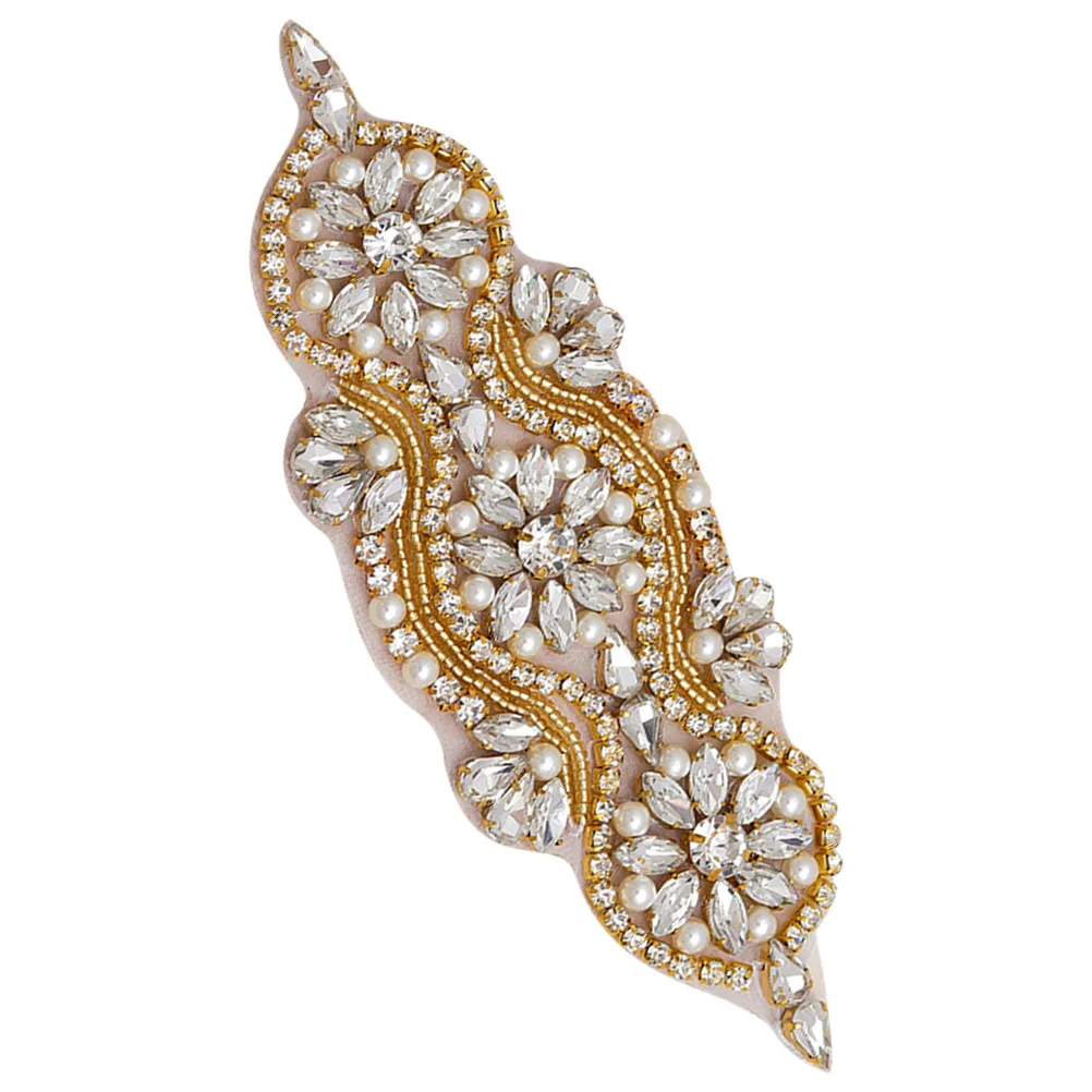 

Pearl Applique Gold Rhinestone Wedding Dress Decoration Patch Peel Stick Adhesive Bridal Belt Patches Sewing Embellishment
