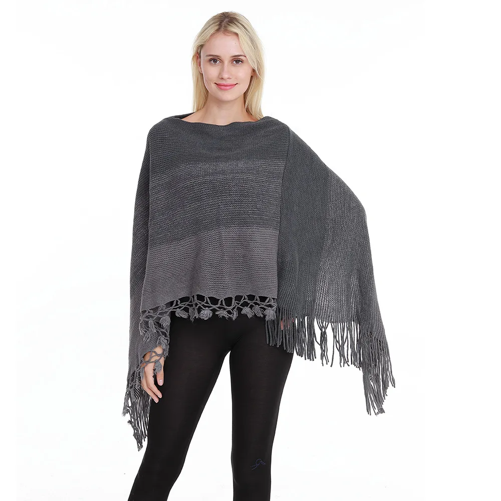 Vrouwen Lente Herfst Sjaal Dame Gebreide Twee Manier Wrap Gestreepte Trui Losse Leisure Trui Herfst Poncho met Kwastje Drop Ship