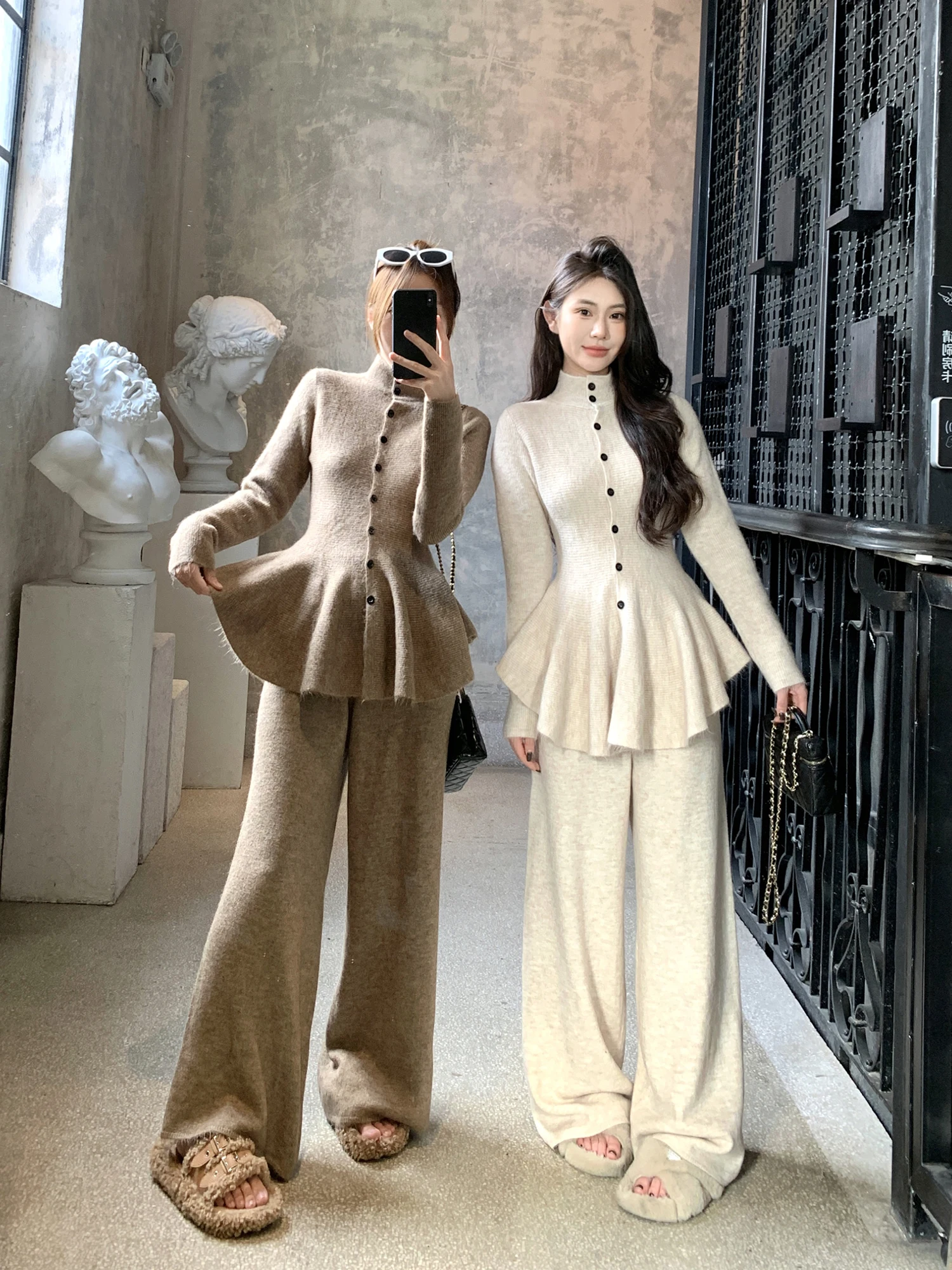 

Gray Knitted Set Women's Gored Hem Open Cardigan Sweater with Draped Casual Pants Two-Piece Set Comfortable Warm Fashionable