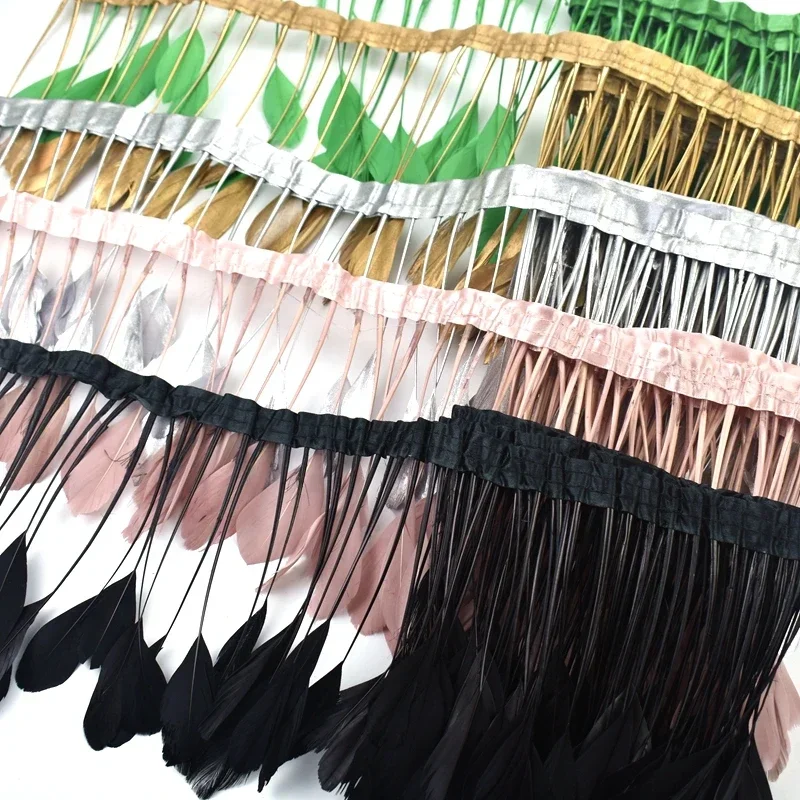 2Meter Coque Goose Feathers Tassel Fringe Trim Needlework Geese Pheasant Feather on Tape Ribbon Skirt Sewing Dress Decor Clothes