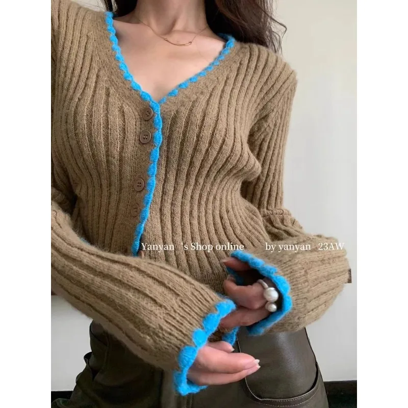 Deeptown Y2k Vintage Knitted Cardigan Women V Neck Autumn Korean Fashion Cropped Sweater Aesthetic Harajuku Short Jumper Sexy