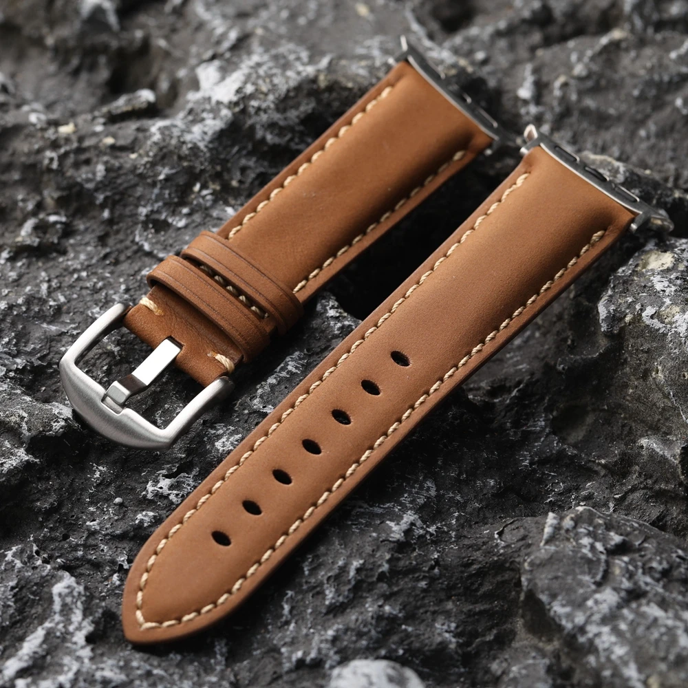 Handmade Head Layer Cowhide Leather Strap For iWatch Apple Watch Ultra2 S9 S8 49mm 45mm 44mm Brown Black Men Soft Bracelet