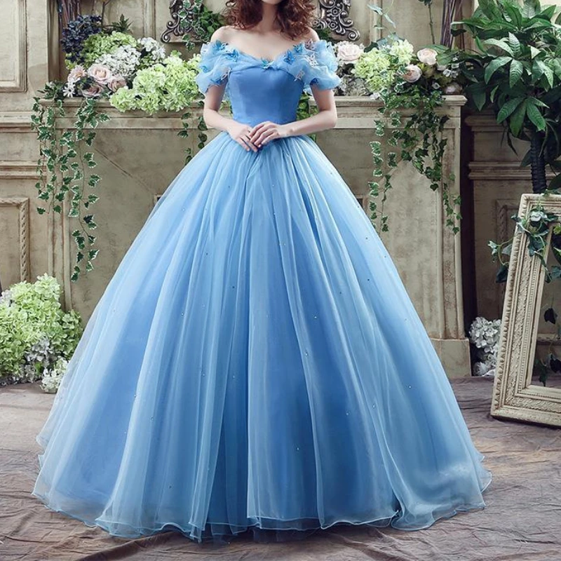 Customized Temperament Slash Neck Exquisite Bow Appliques Ball Gown Simple Solidhigh Waist Big Swing Princess Robe Strap Design