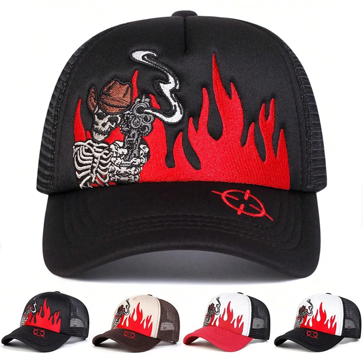 Unisex Skull Flame Embroidery Baseball Net Caps Spring and Summer Outdoor Adjustable Casual Hats Sunscreen Hat Sports Cap
