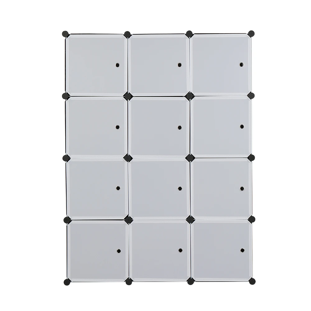 

12 Cube Organizer Stackable Plastic Cube Storage Shelf Design Multipurpose Modular Closet Cabinet with 2 Hanging Rod White Black