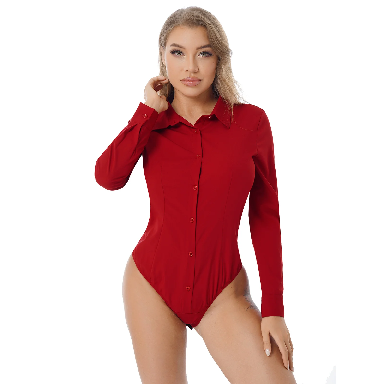 Womens Bodysuit Shirt One-Piece Turn-down Collar Business Office Body Tops Long Sleeve Button Down Easy Care Body Blouse Shirt