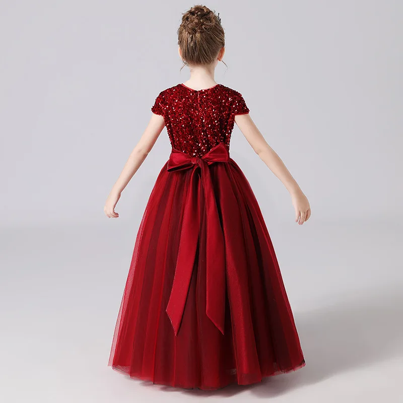 Flower Girl Wedding Party Dresses New Red Princess Dress Long Birthday Gowns Sequined Gown Round Neck Beauty Prom Customized