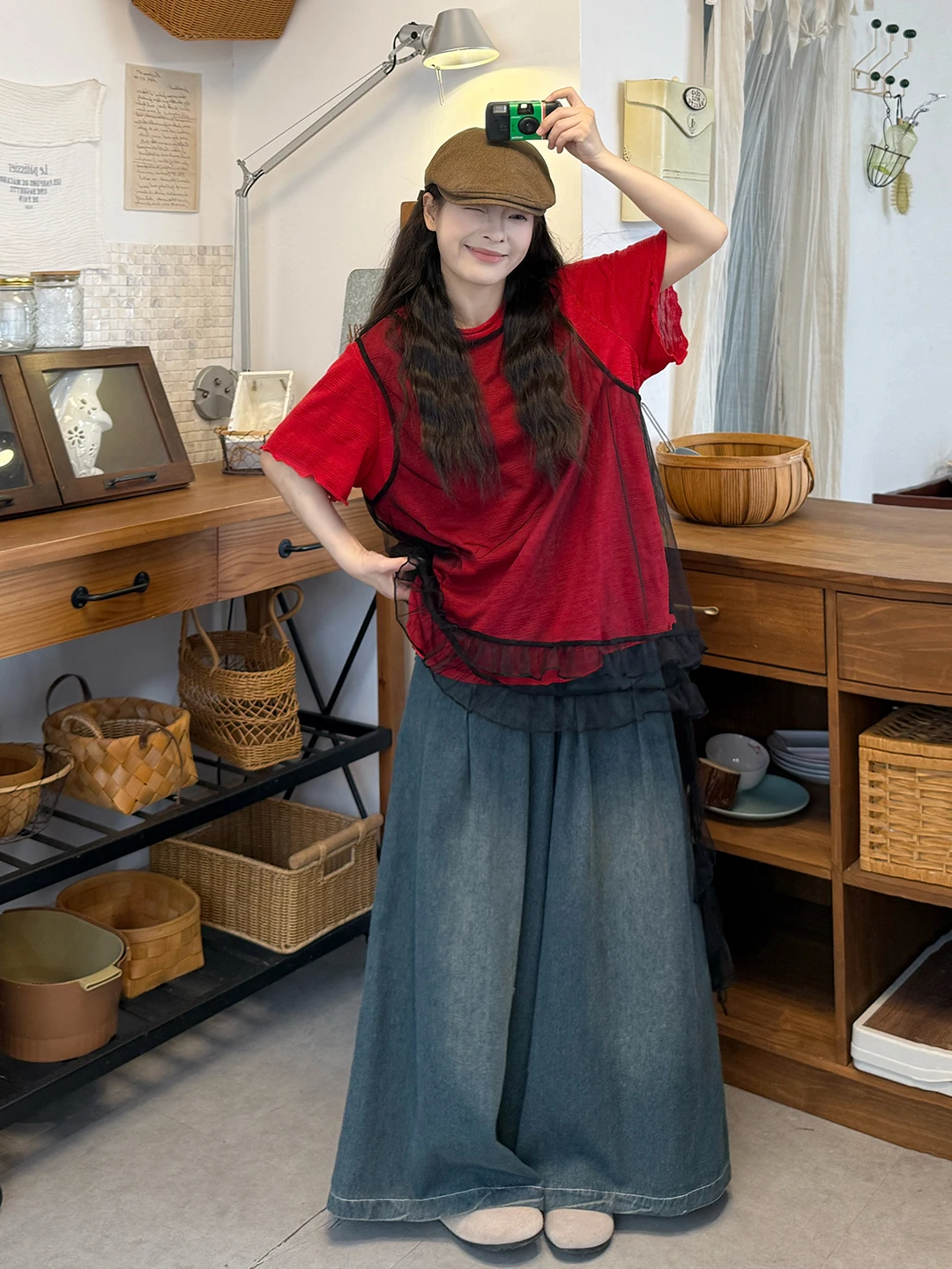 

Loose plus Size Women's Korean Style Summer Short Sleeve T-Shirt Mesh Vest Cover up Jeans Three-Piece Set Slimming Effect