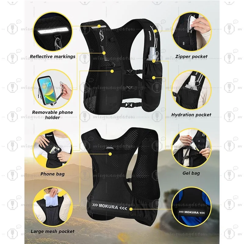 Lightweight Running Hydration Vest, Adjustable Reflective Running Backpack with Water Bottle Pockets