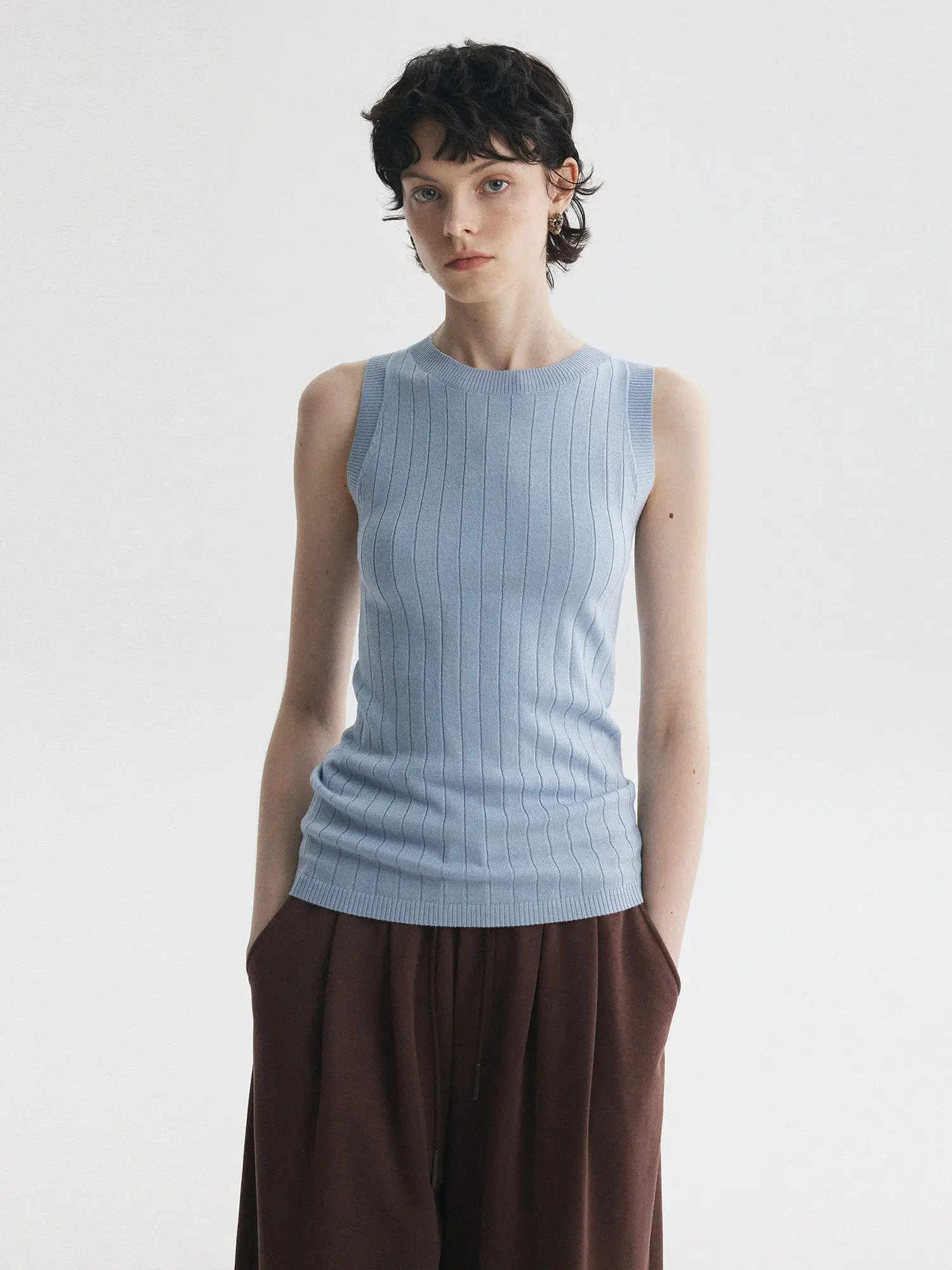 

Blue Sleeveless round Neck Knitted Vest Women's Wide Stripe Base Woolen Knitted Top Bymolycho Commute Style Slim Fit Polyester