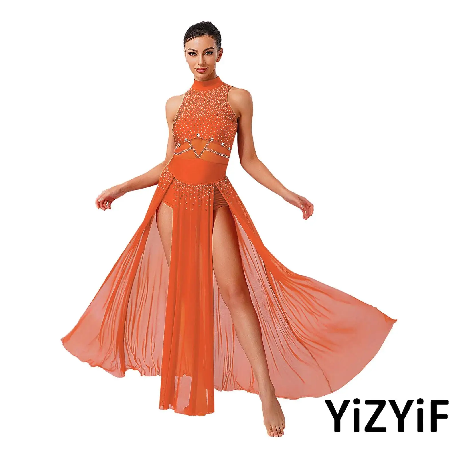 

Womens Lyrical Dance Dress Glittery Rhinestone Sleeveless Sheer Mesh Splice Slit Hem Maxi Dress Modern Dance Leotard Dress