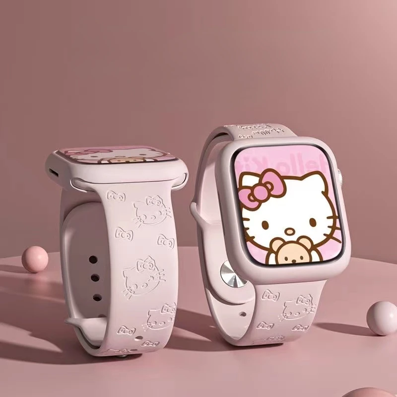 Sanrio Hello Kitty WatchBand for Apple 41mm 40mm 38mm 44 45mm 42mm Women embossed effect Silicone Strap for Sport Watch Bracelet