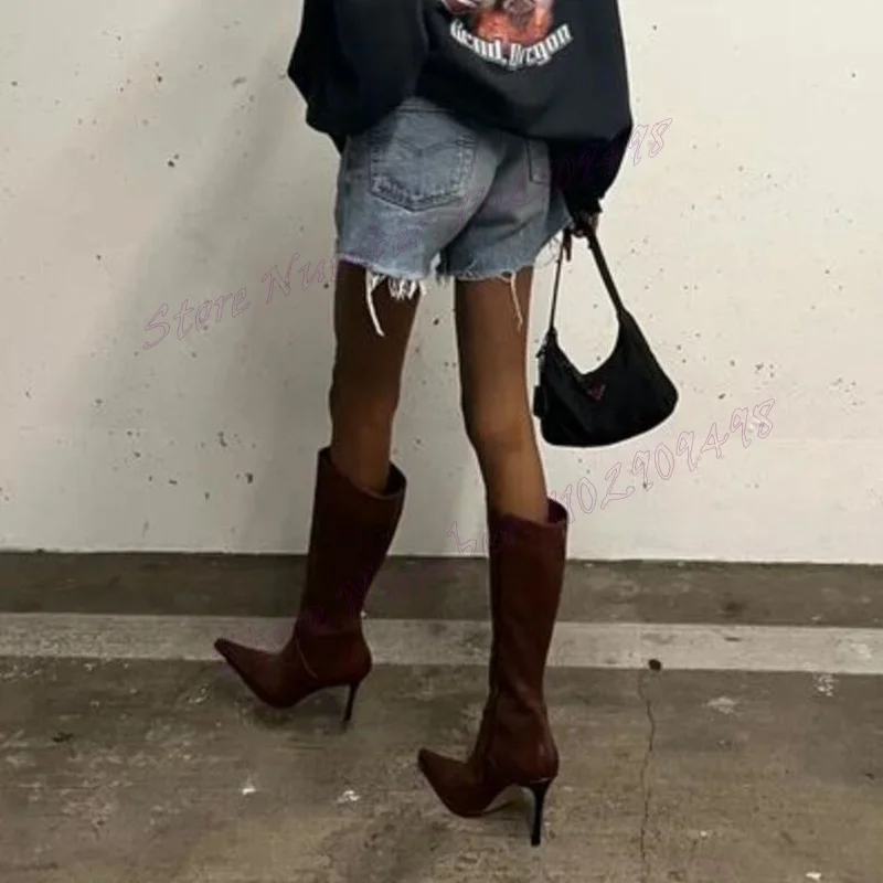 

Brown Knee High Pointed Toe Boots Matte Leather Shoes for Women Stilettos High Heels Sexy Lady Shoes 2024 Zapatos Para Mujere