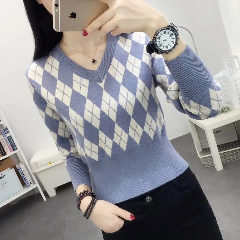 Autumn Winter New Women\'s Pullovers Argyle V-Neck High Waist Slim Appear Thin Sweaters Fashion Casual Versatile Long Sleeve Tops