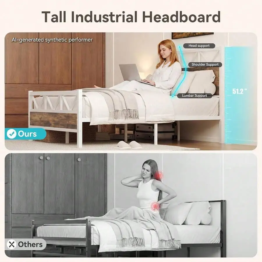 Twin/ Full/ Queen/ King Bed Frame With 51' Tall Headboard, Metal Platform Bed With Headboard, Wooden Bed Frame With Strong Metal