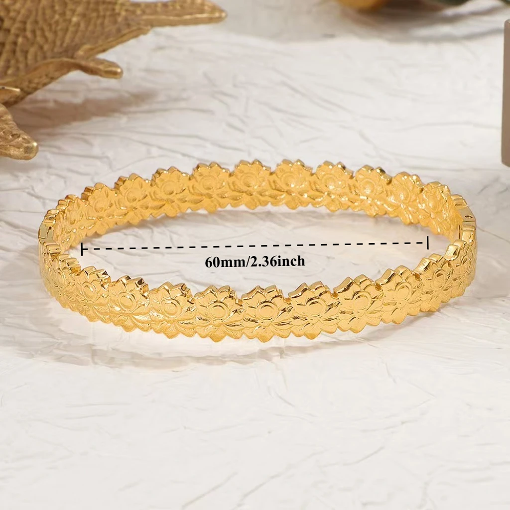 Gold Color Snap-on Bangle, Stainless Steel Flower Bracelet for Women, Fashion Jewelry Gift 60mm