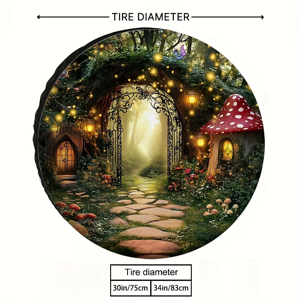 1pc Enchanted Forest Mushroom House Tire Cover - Easy Install, Machine Washable Polyester Fabric, Fit For Mountain & Travel Use,